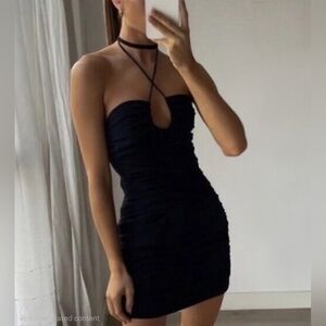 Zara Ruched Mesh Halterneck Mini Dress Keyhole Cutout Bodycon Black Womens Small